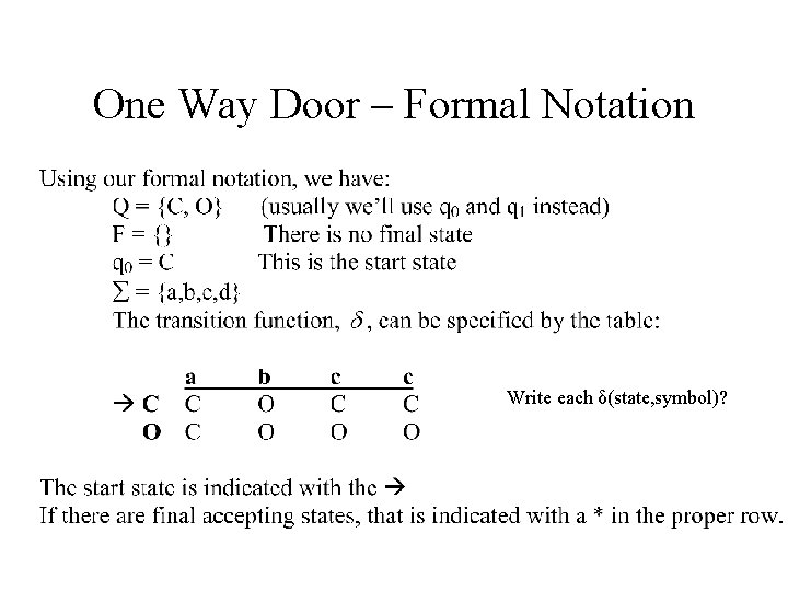 One Way Door – Formal Notation Write each δ(state, symbol)? 