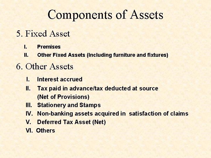 Components of Assets 5. Fixed Asset I. Premises II. Other Fixed Assets (Including furniture