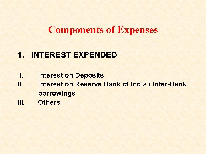 Components of Expenses 1. INTEREST EXPENDED I. III. Interest on Deposits Interest on Reserve