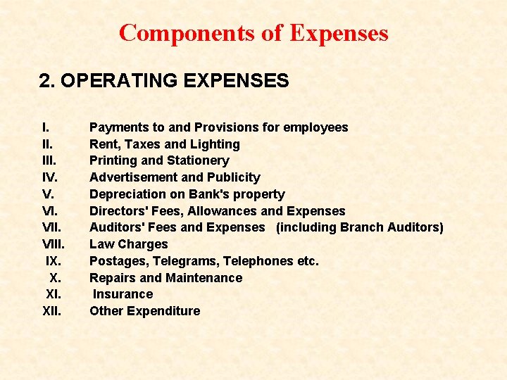 Components of Expenses 2. OPERATING EXPENSES I. III. IV. VIII. IX. X. XI. XII.
