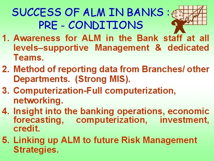 SUCCESS OF ALM IN BANKS : PRE - CONDITIONS 1. Awareness for ALM in