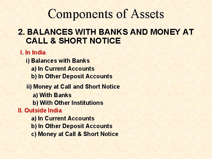 Components of Assets 2. BALANCES WITH BANKS AND MONEY AT CALL & SHORT NOTICE