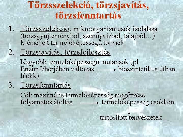 Törzsszelekció, törzsjavítás, törzsfenntartás 1. Törzsszelekció: mikroorganizmusok izolálása (törzsgyűjteményből, szennyvízből, talajból…) Mérsékelt termelőképességű törzsek 2.