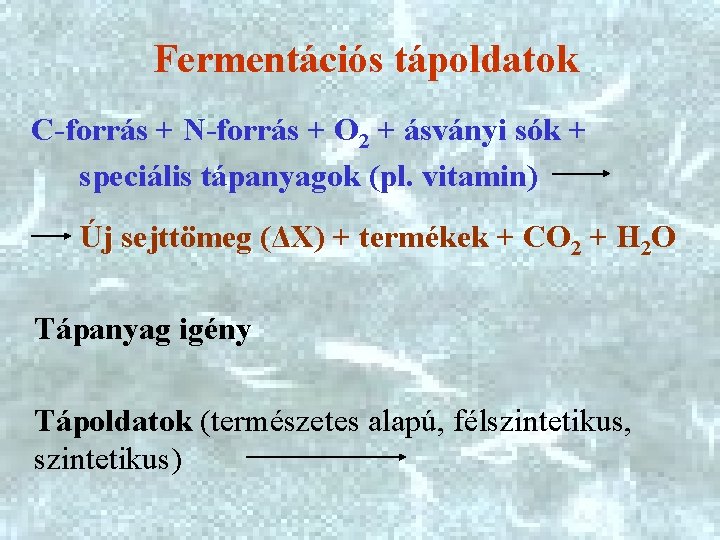 Fermentációs tápoldatok C-forrás + N-forrás + O 2 + ásványi sók + speciális tápanyagok