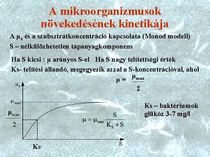 A mikroorganizmusok növekedésének kinetikája A µx és a szubsztrátkoncentráció kapcsolata (Monod modell) S –