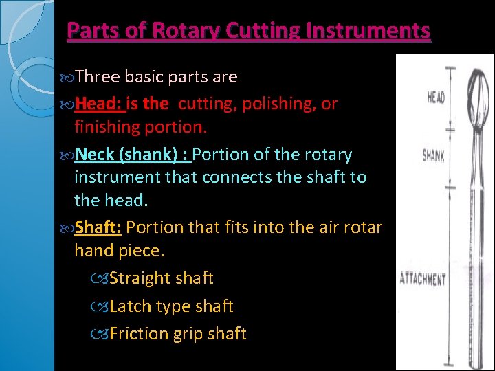 Parts of Rotary Cutting Instruments Three basic parts are Head: is the cutting, polishing,