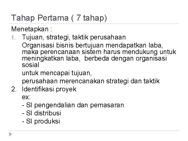 Tahap Pertama ( 7 tahap) Menetapkan : 1. Tujuan, strategi, taktik perusahaan Organisasi bisnis