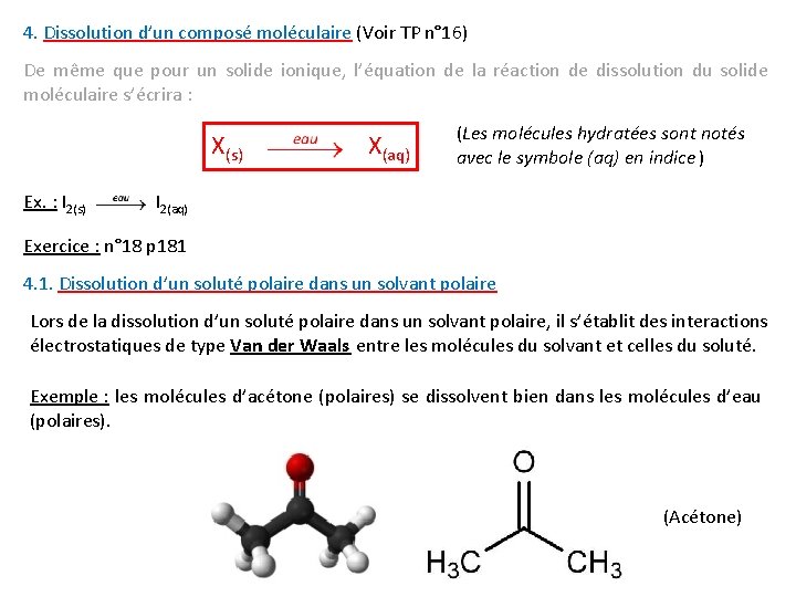 4. Dissolution d’un composé moléculaire (Voir TP n° 16) De même que pour un