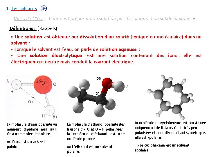 1. Les solvants Voir TP n° 16 : « Comment préparer une solution par