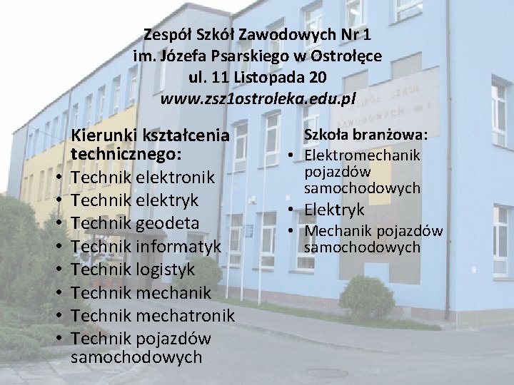 Zespół Szkół Zawodowych Nr 1 im. Józefa Psarskiego w Ostrołęce ul. 11 Listopada 20