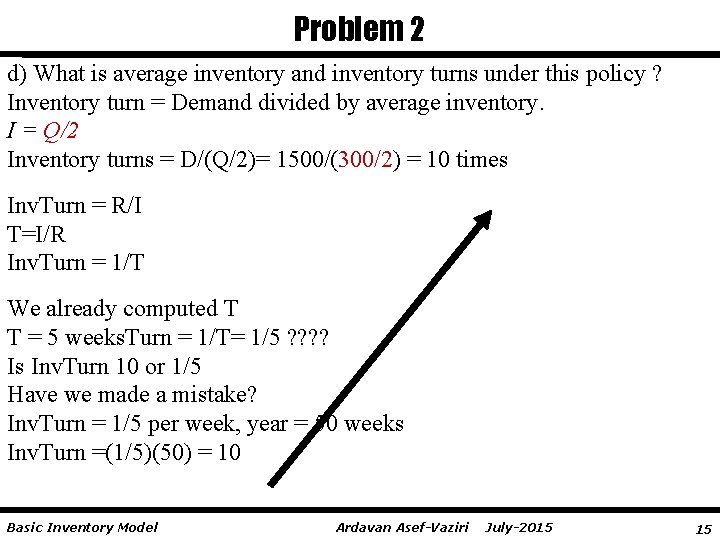 Problem 2 d) What is average inventory and inventory turns under this policy ?