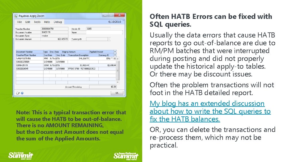 Often HATB Errors can be fixed with SQL queries. Usually the data errors that