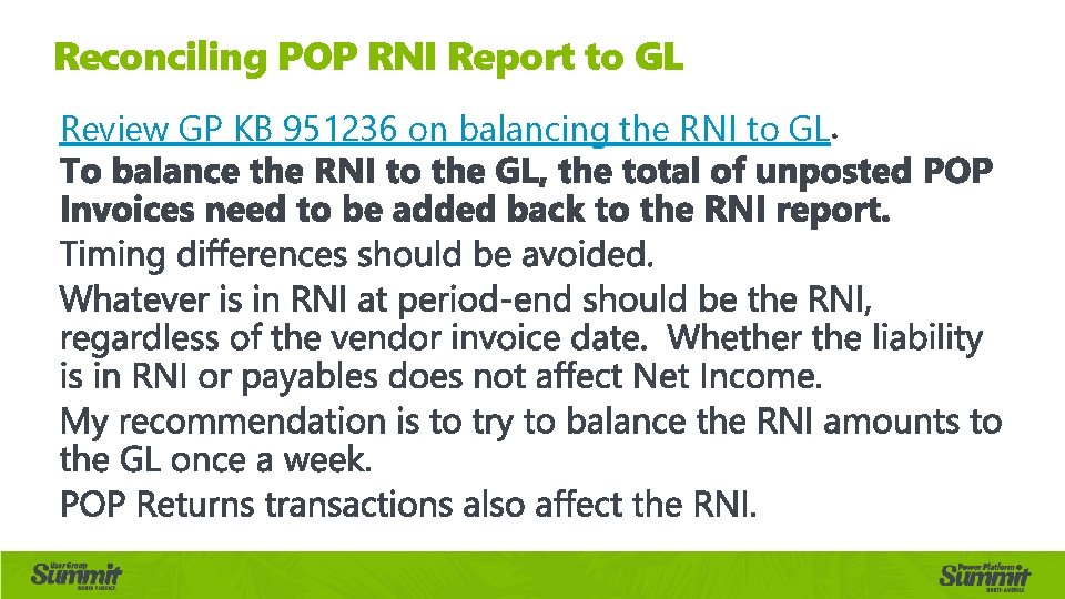 Reconciling POP RNI Report to GL Review GP KB 951236 on balancing the RNI