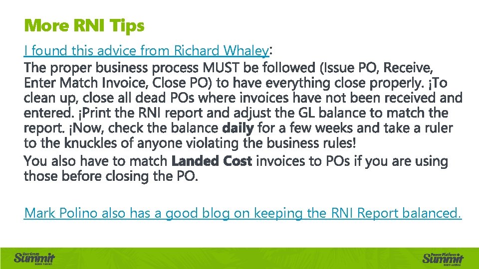More RNI Tips I found this advice from Richard Whaley Mark Polino also has