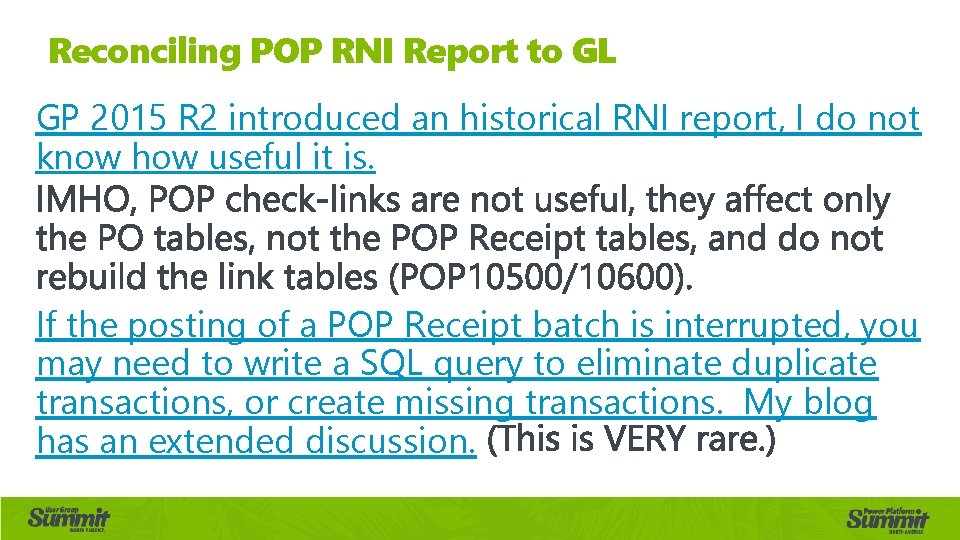 Reconciling POP RNI Report to GL GP 2015 R 2 introduced an historical RNI