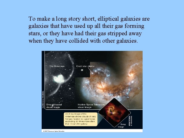 To make a long story short, elliptical galaxies are galaxies that have used up