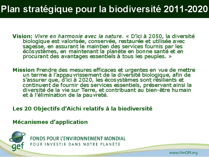 Plan stratégique pour la biodiversité 2011 -2020 Vision: Vivre en harmonie avec la nature.