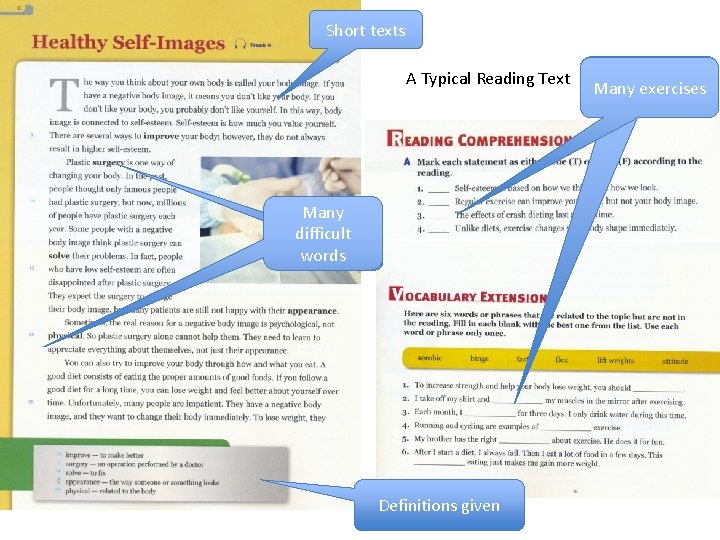 Short texts A Typical Reading Text Many difficult words Definitions given Many exercises 