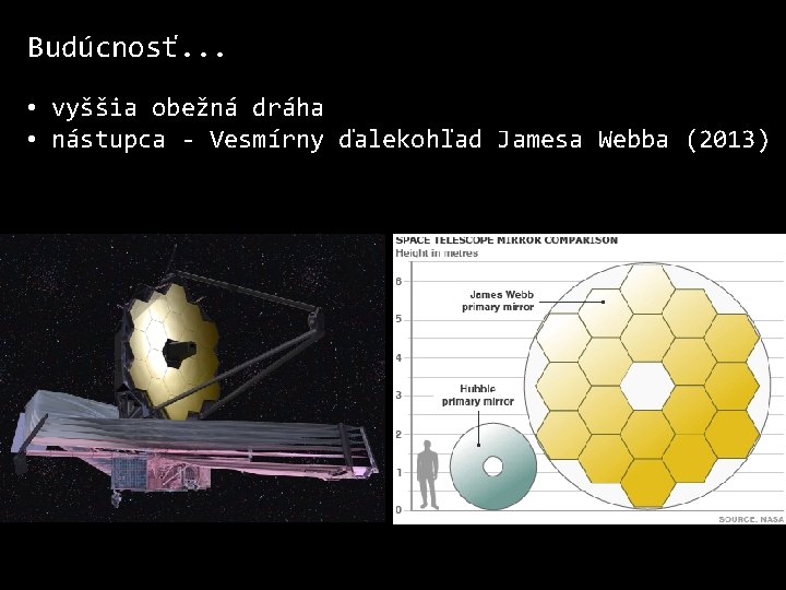 Budúcnosť. . . • vyššia obežná dráha • nástupca - Vesmírny ďalekohľad Jamesa Webba