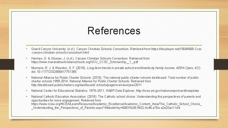 References • Grand Canyon University. (n. d. ). Canyon Christian Schools Consortium. Retrieved from