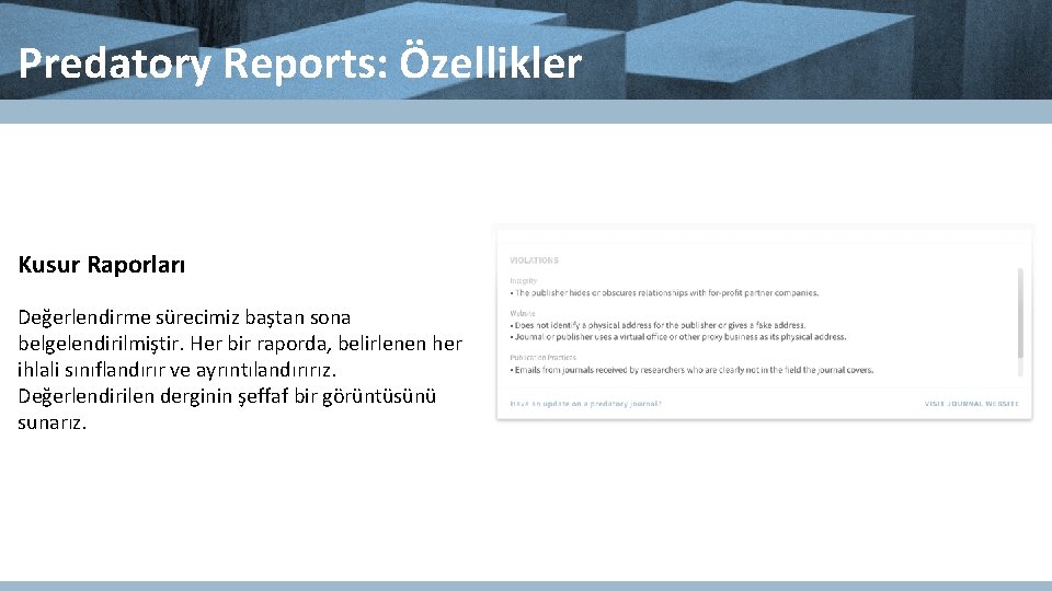 Predatory Reports: Özellikler Kusur Raporları Değerlendirme sürecimiz baştan sona belgelendirilmiştir. Her bir raporda, belirlenen