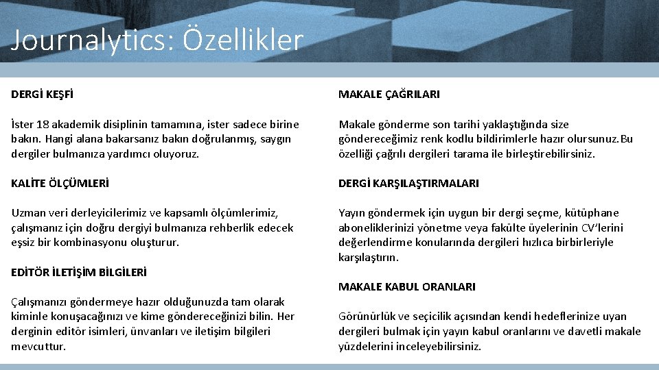 Journalytics: Özellikler DERGİ KEŞFİ MAKALE ÇAĞRILARI İster 18 akademik disiplinin tamamına, ister sadece birine