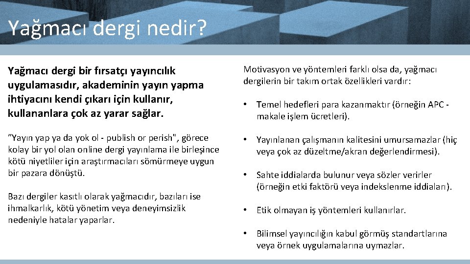 Yağmacı dergi nedir? Yağmacı dergi bir fırsatçı yayıncılık uygulamasıdır, akademinin yayın yapma ihtiyacını kendi