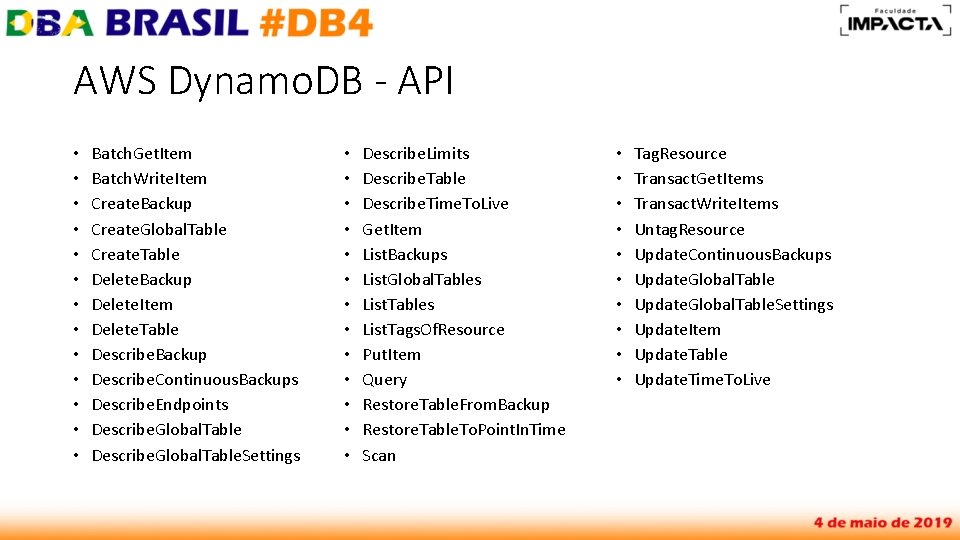 AWS Dynamo. DB - API • • • • Batch. Get. Item Batch. Write.