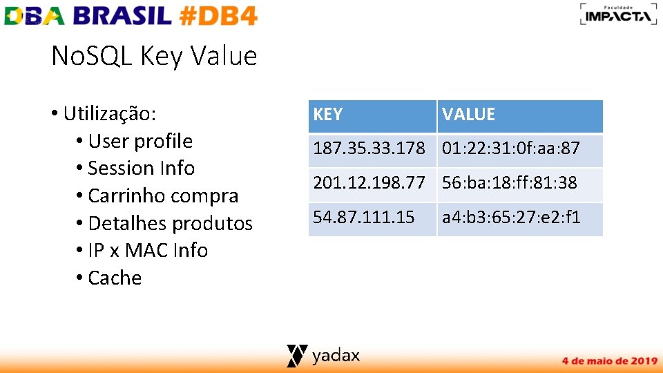 No. SQL Key Value • Utilização: • User profile • Session Info • Carrinho