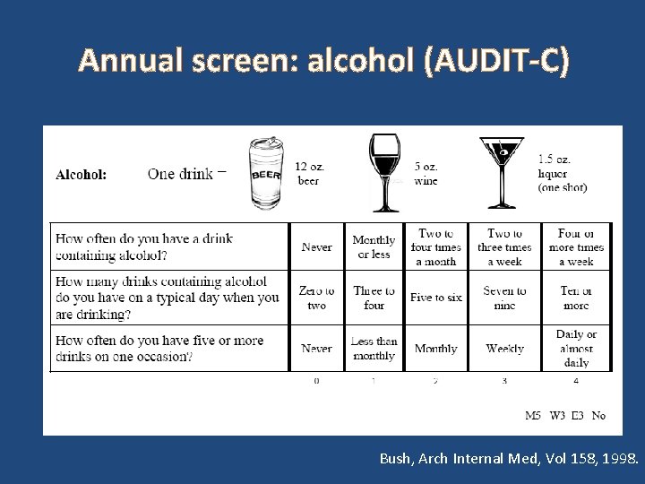 Annual screen: alcohol (AUDIT-C) Bush, Arch Internal Med, Vol 158, 1998. 