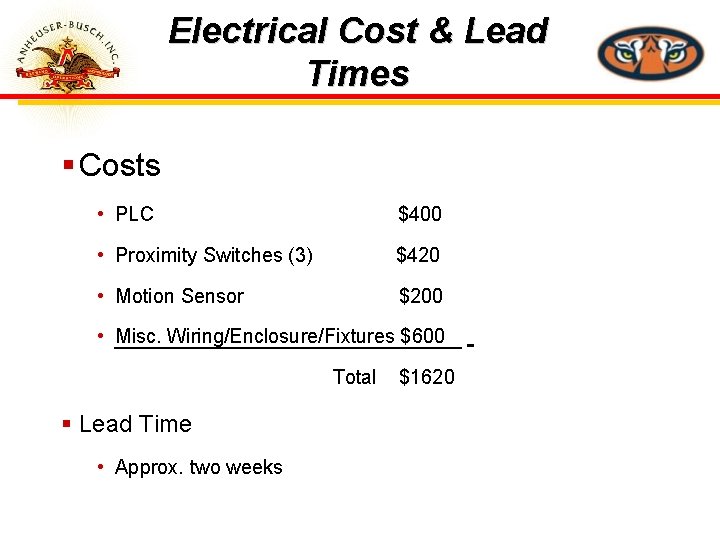 Electrical Cost & Lead Times § Costs • PLC $400 • Proximity Switches (3)