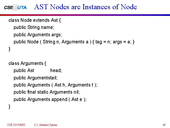 AST Nodes are Instances of Node class Node extends Ast { public String name;