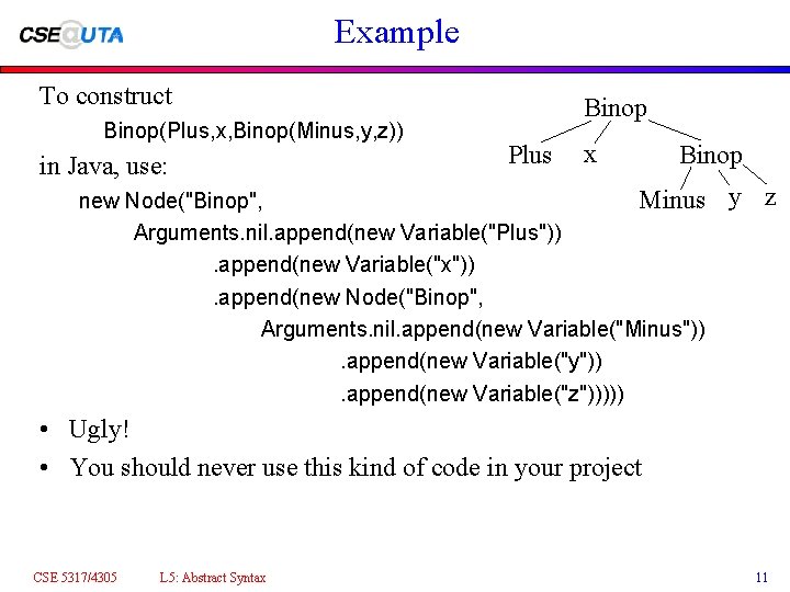 Example To construct Binop(Plus, x, Binop(Minus, y, z)) in Java, use: Binop Plus x