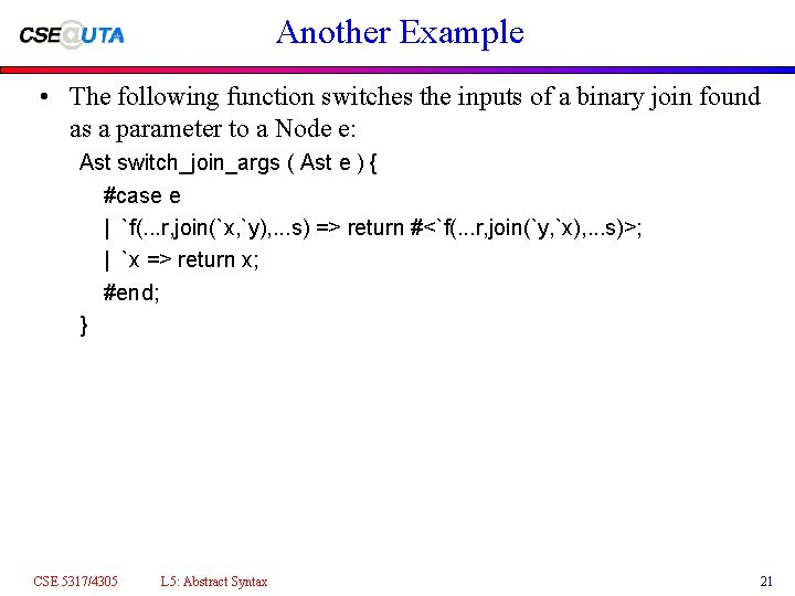 Another Example • The following function switches the inputs of a binary join found
