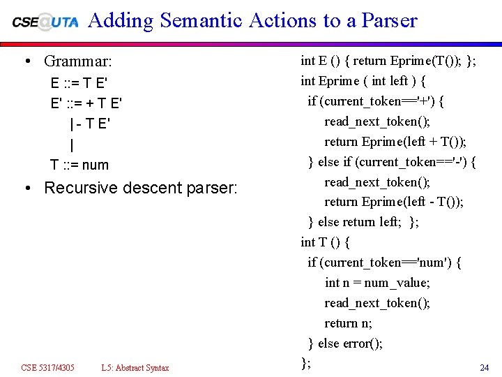 Adding Semantic Actions to a Parser • Grammar: E : : = T E'