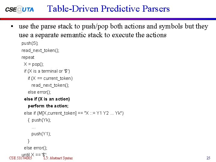 Table-Driven Predictive Parsers • use the parse stack to push/pop both actions and symbols