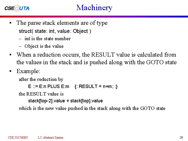 Machinery • The parse stack elements are of type struct( state: int, value: Object