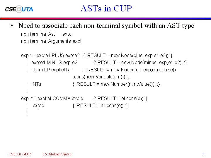ASTs in CUP • Need to associate each non-terminal symbol with an AST type