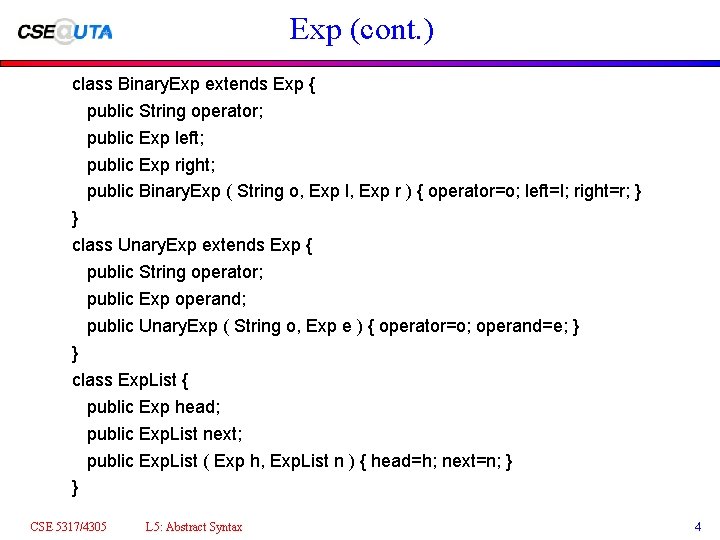 Exp (cont. ) class Binary. Exp extends Exp { public String operator; public Exp