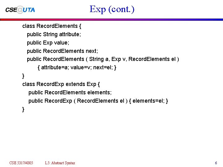 Exp (cont. ) class Record. Elements { public String attribute; public Exp value; public