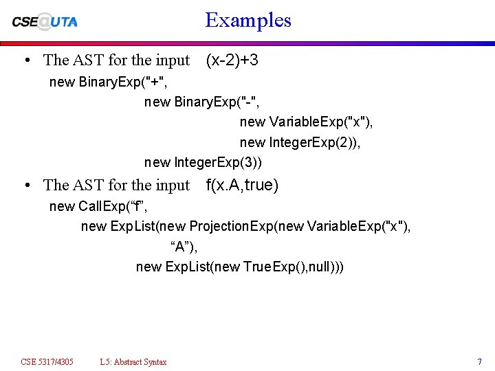 Examples • The AST for the input (x-2)+3 new Binary. Exp("+", new Binary. Exp("-",