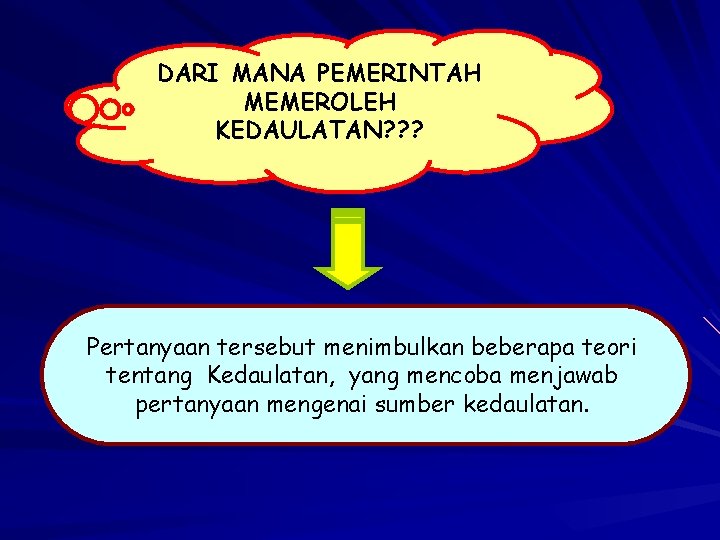 DARI MANA PEMERINTAH MEMEROLEH KEDAULATAN? ? ? Pertanyaan tersebut menimbulkan beberapa teori tentang Kedaulatan,