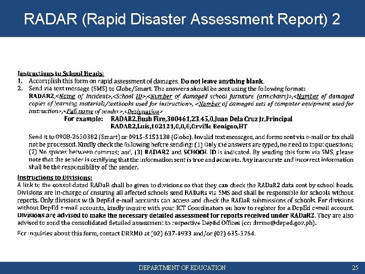 RADAR (Rapid Disaster Assessment Report) 2 DEPARTMENT OF EDUCATION 25 