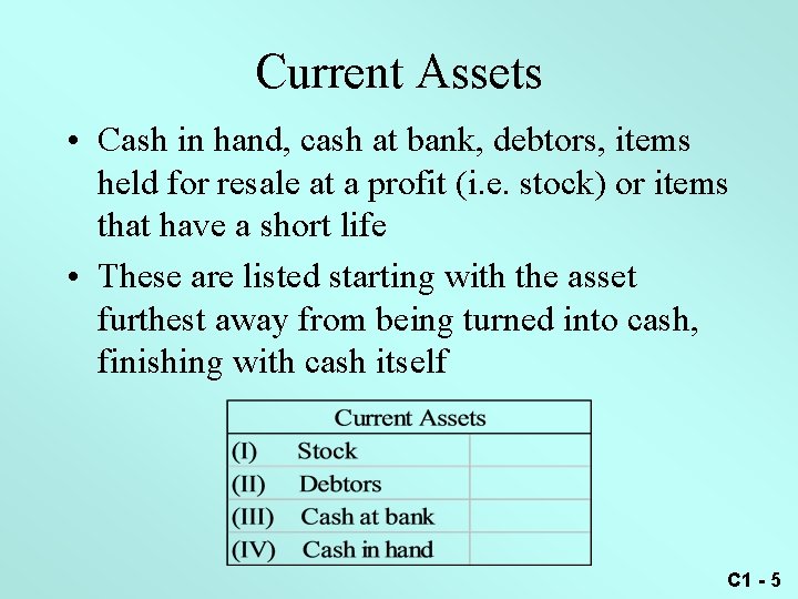 Current Assets • Cash in hand, cash at bank, debtors, items held for resale