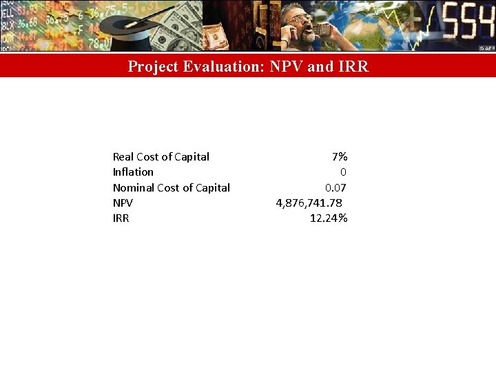 Project Evaluation: NPV and IRR Real Cost of Capital Inflation Nominal Cost of Capital