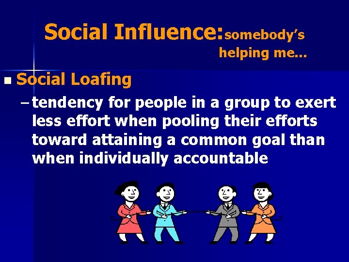 Social Influence: somebody’s helping me… n Social Loafing – tendency for people in a