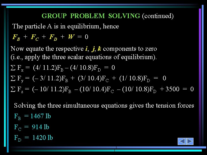GROUP PROBLEM SOLVING (continued) The particle A is in equilibrium, hence FB + FC