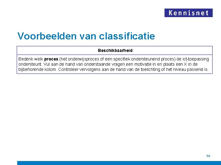 Voorbeelden van classificatie Beschikbaarheid Bedenk welk proces (het onderwijsproces of een specifiek ondersteunend proces)