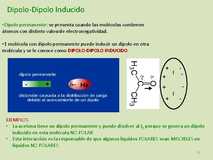 Dipolo-Dipolo Inducido • Dipolo permanente: se presenta cuando las moléculas contienen átomos con distinto