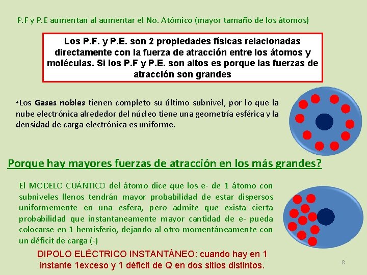 P. F y P. E aumentan al aumentar el No. Atómico (mayor tamaño de
